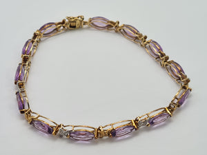 0745: Vintage: 9ct Gold Lilac Amethysts Diamonds Bracelet (19cm) - luscious