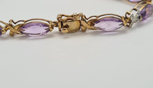 0745: Vintage: 9ct Gold Lilac Amethysts Diamonds Bracelet (19cm) - luscious