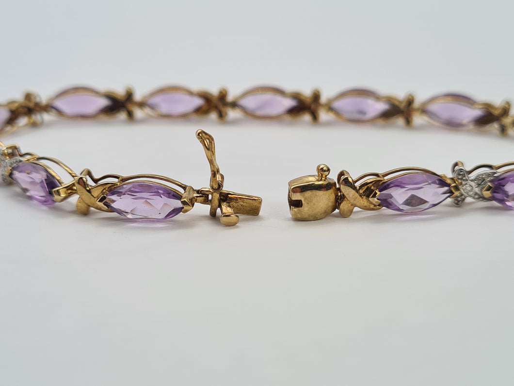 0745: Vintage: 9ct Gold Lilac Amethysts Diamonds Bracelet (19cm) - luscious