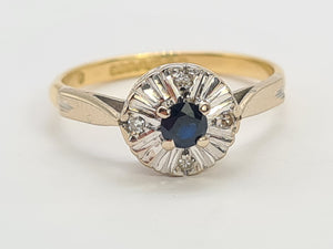 0755: Vintage: 18ct Gold French Blue Sapphire Diamonds Daisy Ring- Date-Mark 1968