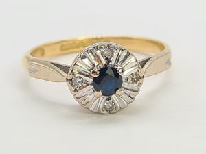 0755: Vintage: 18ct Gold French Blue Sapphire Diamonds Daisy Ring- Date-Mark 1968