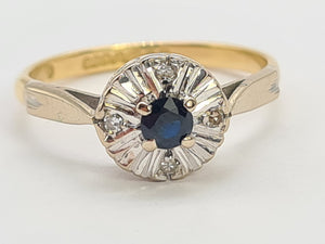 0755: Vintage: 18ct Gold French Blue Sapphire Diamonds Daisy Ring- Date-Mark 1968