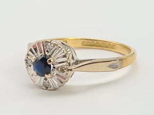 0755: Vintage: 18ct Gold French Blue Sapphire Diamonds Daisy Ring- Date-Mark 1968