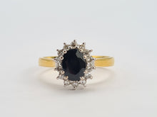 Load image into Gallery viewer, 0105: Vintage: 18ct Gold French Blue Sapphire 14 Diamonds Cluster Ring- Date-Mark 1990
