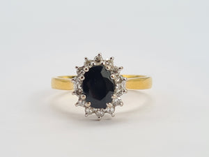 0105: Vintage: 18ct Gold French Blue Sapphire 14 Diamonds Cluster Ring- Date-Mark 1990