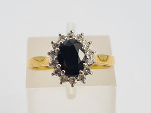 0105: Vintage: 18ct Gold French Blue Sapphire 14 Diamonds Cluster Ring- Date-Mark 1990