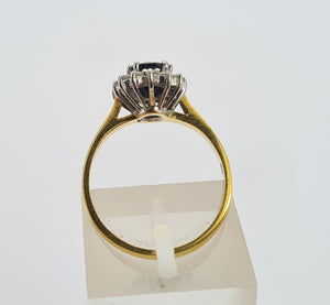 0105: Vintage: 18ct Gold French Blue Sapphire 14 Diamonds Cluster Ring- Date-Mark 1990