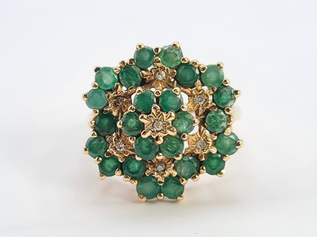 0560: Vintage: Large 9ct Gold Emeralds Diamonds Tiered Cluster Ring- Date-mark 1980