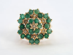 0560: Vintage: Large 9ct Gold Emeralds Diamonds Tiered Cluster Ring- Date-mark 1980