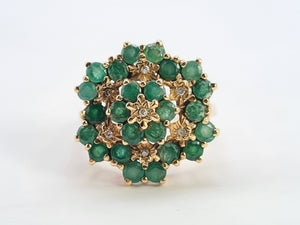 0560: Vintage: Large 9ct Gold Emeralds Diamonds Tiered Cluster Ring- Date-mark 1980