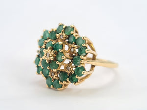 0560: Vintage: Large 9ct Gold Emeralds Diamonds Tiered Cluster Ring- Date-mark 1980