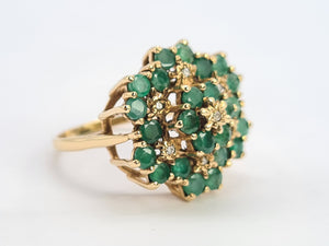 0560: Vintage: Large 9ct Gold Emeralds Diamonds Tiered Cluster Ring- Date-mark 1980