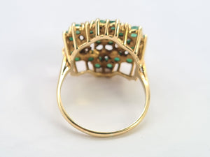 0560: Vintage: Large 9ct Gold Emeralds Diamonds Tiered Cluster Ring- Date-mark 1980