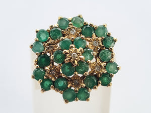 0560: Vintage: Large 9ct Gold Emeralds Diamonds Tiered Cluster Ring- Date-mark 1980