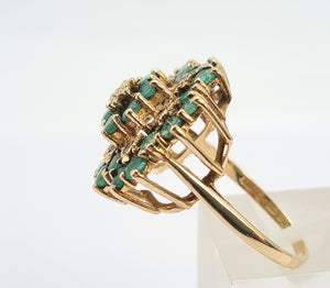 0560: Vintage: Large 9ct Gold Emeralds Diamonds Tiered Cluster Ring- Date-mark 1980