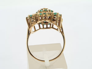 0560: Vintage: Large 9ct Gold Emeralds Diamonds Tiered Cluster Ring- Date-mark 1980