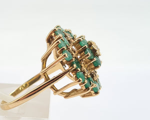 0560: Vintage: Large 9ct Gold Emeralds Diamonds Tiered Cluster Ring- Date-mark 1980