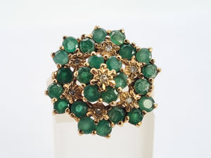 0560: Vintage: Large 9ct Gold Emeralds Diamonds Tiered Cluster Ring- Date-mark 1980