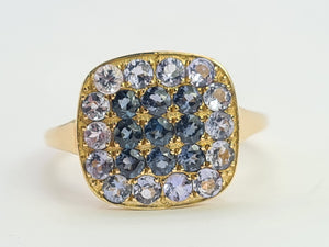 0692: Vintage: 9ct Gold Amethysts Blue Diamonds Cocktail Ring- exquisite symmetry