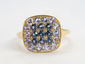 0692: Vintage: 9ct Gold Amethysts Blue Diamonds Cocktail Ring- exquisite symmetry