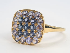 0692: Vintage: 9ct Gold Amethysts Blue Diamonds Cocktail Ring- exquisite symmetry