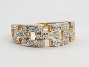 0694:Vintage: 9ct Gold Diamonds Encrusted&nbsp; Openwork Band- Greek key design, sparkling eye candy