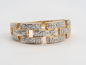 0694:Vintage: 9ct Gold Diamonds Encrusted&nbsp; Openwork Band- Greek key design, sparkling eye candy