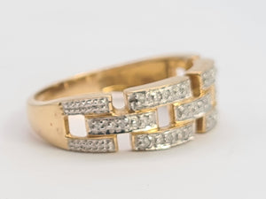 0694:Vintage: 9ct Gold Diamonds Encrusted&nbsp; Openwork Band- Greek key design, sparkling eye candy