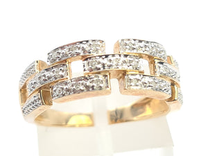 0694:Vintage: 9ct Gold Diamonds Encrusted&nbsp; Openwork Band- Greek key design, sparkling eye candy