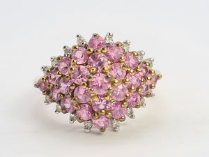 0697: Vintage; 9ct Gold 25 Pink Rubies Diamonds Cluster Ring- Barbie beauty