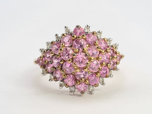 0697: Vintage; 9ct Gold 25 Pink Rubies Diamonds Cluster Ring- Barbie beauty