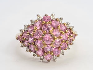 0697: Vintage; 9ct Gold 25 Pink Rubies Diamonds Cluster Ring- Barbie beauty