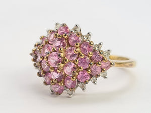 0697: Vintage; 9ct Gold 25 Pink Rubies Diamonds Cluster Ring- Barbie beauty