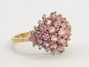 0697: Vintage; 9ct Gold 25 Pink Rubies Diamonds Cluster Ring- Barbie beauty