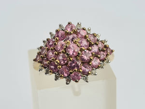 0697: Vintage; 9ct Gold 25 Pink Rubies Diamonds Cluster Ring- Barbie beauty