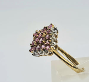 0697: Vintage; 9ct Gold 25 Pink Rubies Diamonds Cluster Ring- Barbie beauty