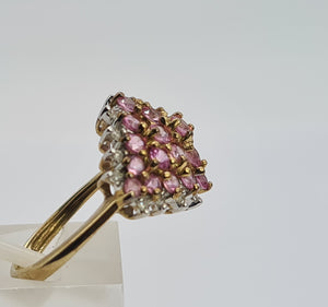 0697: Vintage; 9ct Gold 25 Pink Rubies Diamonds Cluster Ring- Barbie beauty