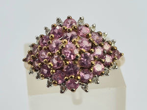 0697: Vintage; 9ct Gold 25 Pink Rubies Diamonds Cluster Ring- Barbie beauty