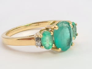 0705: Vintage; 9ct Gold Art Deco Style Emeralds Diamonds Ring- evocative greens