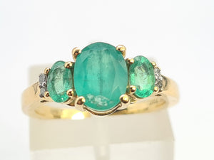 0705: Vintage; 9ct Gold Art Deco Style Emeralds Diamonds Ring- evocative greens