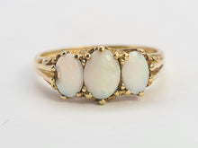 Load image into Gallery viewer, 0743: Vintage: 9ct Gold White Opals Trilogy Ring- Date-Mark 1988- vibrant colours
