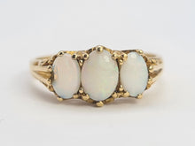 Load image into Gallery viewer, 0743: Vintage: 9ct Gold White Opals Trilogy Ring- Date-Mark 1988- vibrant colours
