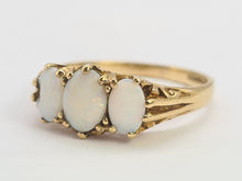 Load image into Gallery viewer, 0743: Vintage: 9ct Gold White Opals Trilogy Ring- Date-Mark 1988- vibrant colours
