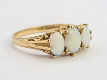 Load image into Gallery viewer, 0743: Vintage: 9ct Gold White Opals Trilogy Ring- Date-Mark 1988- vibrant colours
