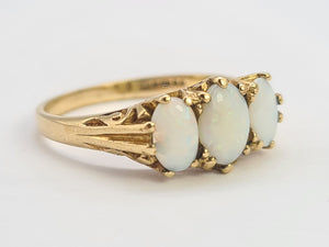 0743: Vintage: 9ct Gold White Opals Trilogy Ring- Date-Mark 1988- vibrant colours