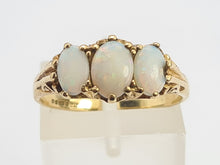 Load image into Gallery viewer, 0743: Vintage: 9ct Gold White Opals Trilogy Ring- Date-Mark 1988- vibrant colours
