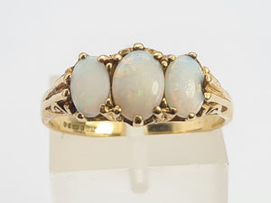 0743: Vintage: 9ct Gold White Opals Trilogy Ring- Date-Mark 1988- vibrant colours