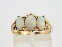 Load image into Gallery viewer, 0743: Vintage: 9ct Gold White Opals Trilogy Ring- Date-Mark 1988- vibrant colours
