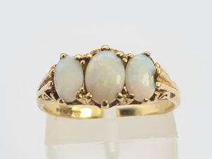 0743: Vintage: 9ct Gold White Opals Trilogy Ring- Date-Mark 1988- vibrant colours