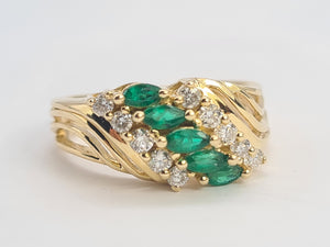 0418: Vintage: 14ct Gold Emeralds Diamonds Openwork Ring- lovely combination